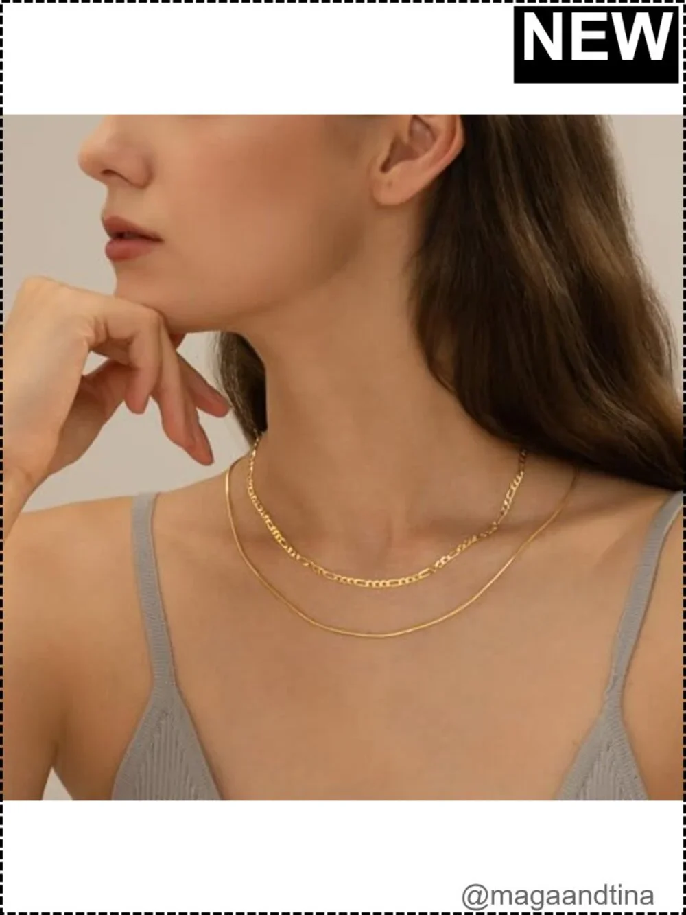 14K Gold Plated Layered Snake & Figaro Chain Necklace Set for Women